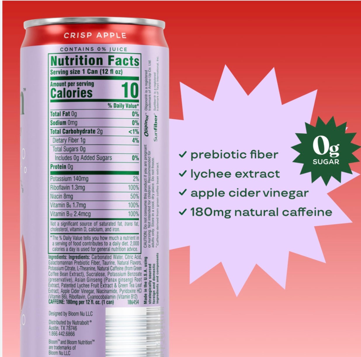 Bloom Sparkling Energy Drink Crisp Apple 12oz